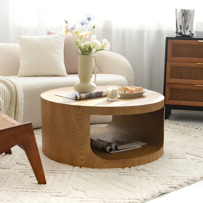 Latitude Run® Round Coffee Table with Solid Wood Veneer (Natural Oak ...
